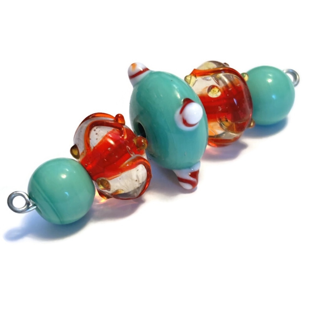 As Low As $2 Turquoise & Burnt Orange Handmade Lampwork Artisan Beads (5)